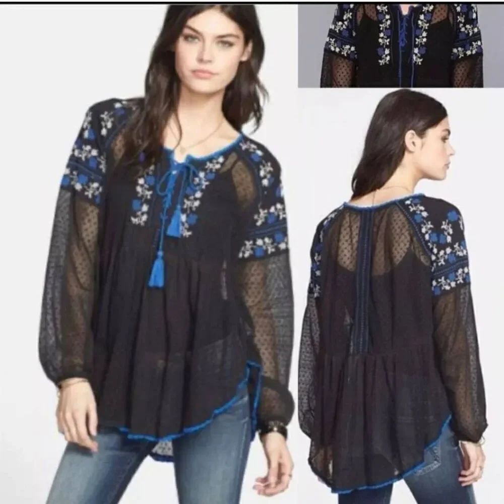 Free People Sheer Embroidered Blouse